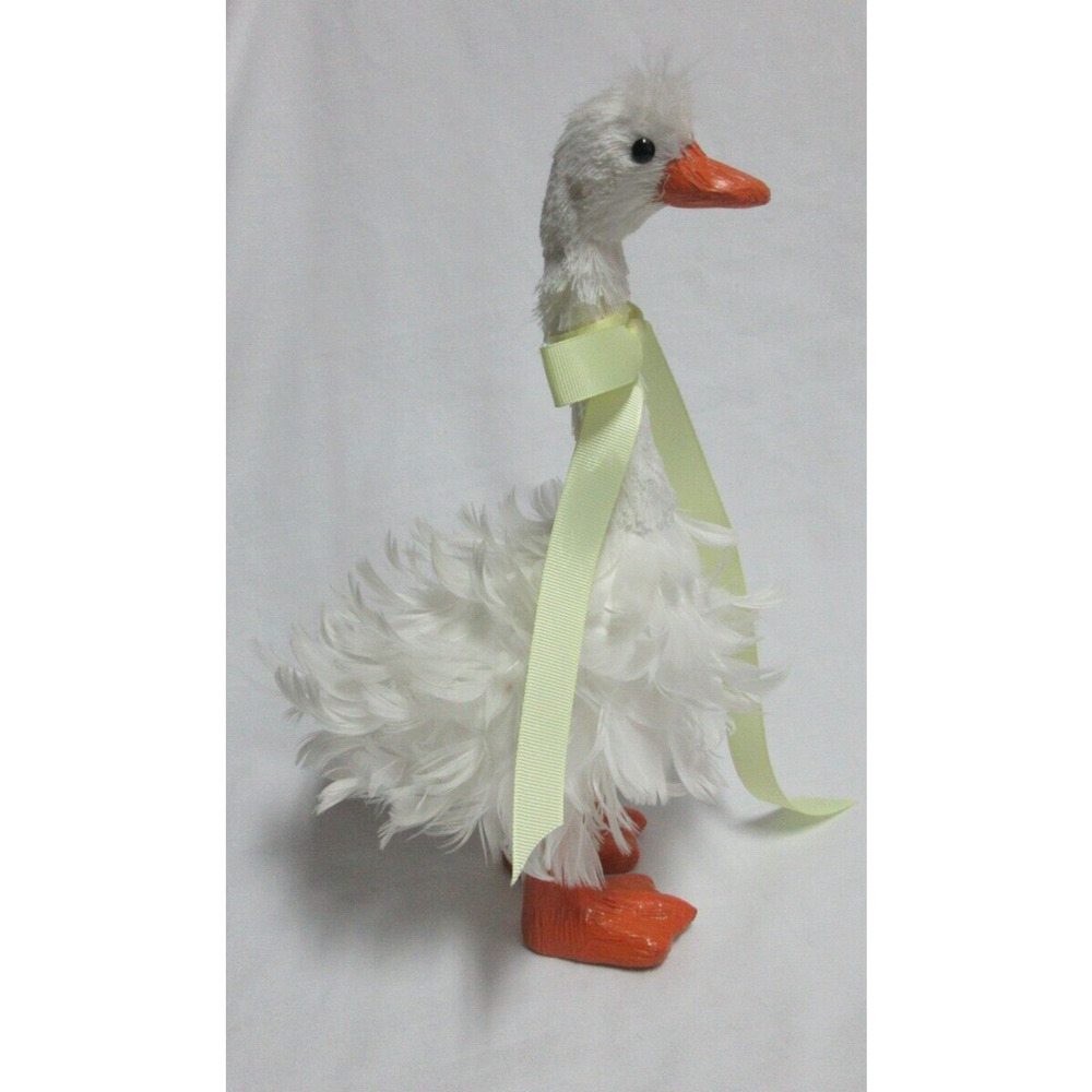 Whimsical Easter Decor Fuzzy White Feathered Duckling Duck with Yellow Bow
